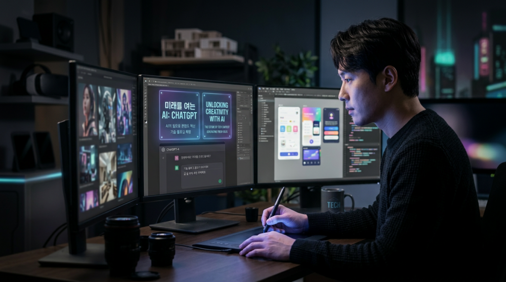 현대적인 스튜디오에서 혼자 작업하는 디자이너의 뒷모습

여러 개의 모니터에 AI가 생성한 듯한 이미지, 다국어(영어·한국어 등) 텍스트, 컬러풀한 UI 목업 화면

주변 조명은 거의 없고, 모니터에서 나오는 부드러운 블루 계열 빛이 인물과 책상을 비추는 구조

시네마틱한 구도와 얕은 심도(배경 살짝 아웃포커스), 전체적으로 어두운 톤 + 화면 하이라이트가 강조된 느낌으로 구현된 이미지