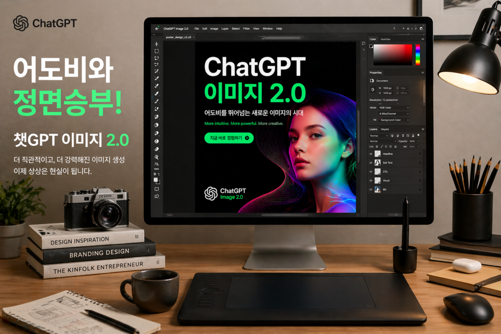 어도비와 정면승부하는 챗GPT 이미지 2.0 이미지가 모니터에 포토샵프로그램에 겹쳐보이는 이미지.