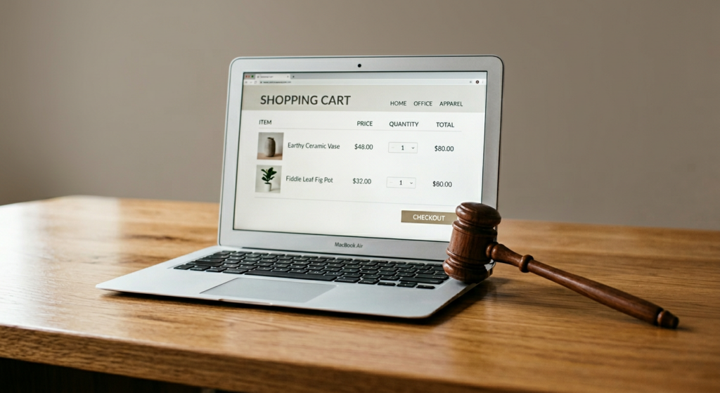 Close-up of a laptop screen showing an online shopping website, with a small gavel placed beside the keyboard on a wooden desk, soft studio lighting, clean and minimal composition, realistic editorial photography style, muted color palette